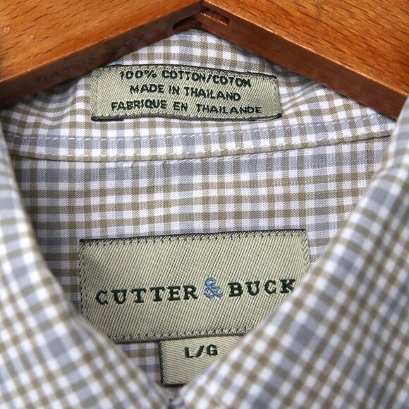 Cutter & Buck Men's Plaid Short Sleeve Oxford Shirt Button Down Cotton Blue Tan - Picture 3 of 9